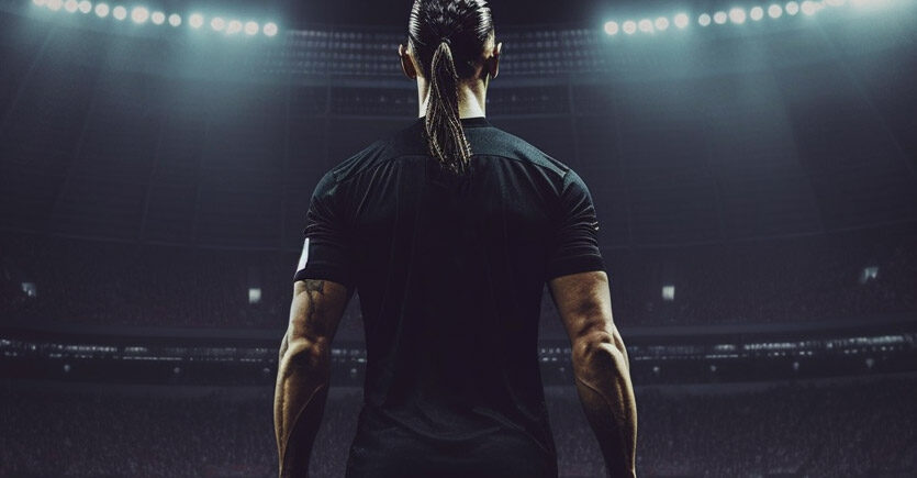 Ibrahimovic em versão 3d, de costas, em um campo de futebol