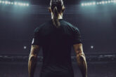 Ibrahimovic em versão 3d, de costas, em um campo de futebol