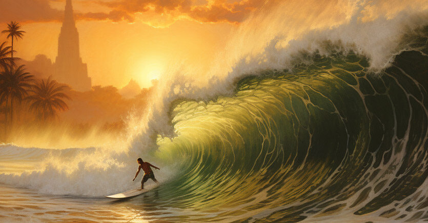 surfista no Havaí em uma grande onda