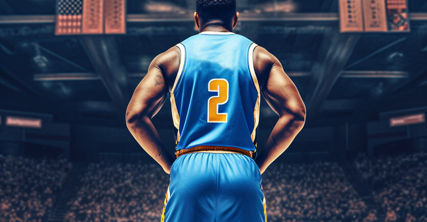 Jogador do Denver Nuggets de costas em uma quadra de basquete