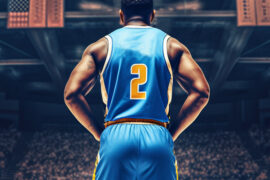 Jogador do Denver Nuggets de costas em uma quadra de basquete